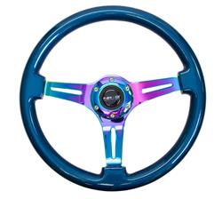 Steering Wheel, Classic Woodgrain, 13 3/4 in. Diameter, 6 Bolt, Blue Pearl/Flake Grip, Neochrome Spokes, Sold individually