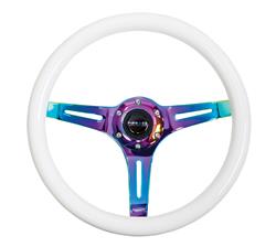 Steering Wheel, Classic Woodgrain, 13 3/4 in. Diameter, 6 Bolt, White/Green Glow-In-The-Dark Grip, Neochrome Spokes, Sold individually