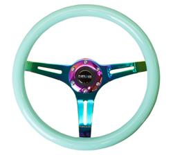 Steering Wheel, Classic Woodgrain, 13 3/4 in. Diameter, 6 Bolt, Minty Fresh Grip, Neochrome Spokes, Sold individually