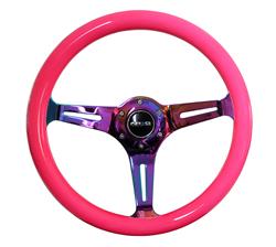 Steering Wheel, Classic Woodgrain, 13 3/4 in. Diameter, 6 Bolt, Neon Pink Grip, Neochrome Spokes, Sold individually