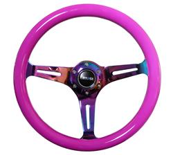 Steering Wheel, Classic Woodgrain, 13 3/4 in. Diameter, 6 Bolt, Neon Purple Grip, Neochrome Spokes, Sold individually