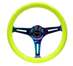 Steering Wheel, Classic Woodgrain, 13 3/4 in. Diameter, 6 Bolt, Neon Yellow Grip, Neochrome Spokes, Sold individually