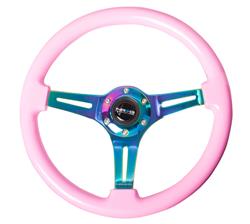 Steering Wheel, Classic Woodgrain, 13 3/4 in. Diameter, 6 Bolt, Solid Pink Grip, Neochrome Spokes, Sold individually