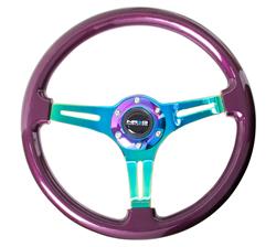 Steering Wheel, Classic Woodgrain, 13 3/4 in. Diameter, 6 Bolt, Purple Pearl/Flake Grip, Neochrome Spokes, Sold individually