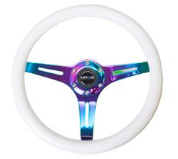 Steering Wheel, Classic Woodgrain, 13 3/4 in. Diameter, 6 Bolt, White/Blue Glow-In-The-Dark Grip, Neochrome Spokes, Sold individually