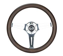 Steering Wheel, Classic Woodgrain, 13 3/4 in. Diameter, 6 Bolt, Brown Grip, Chrome Spokes, Sold individually