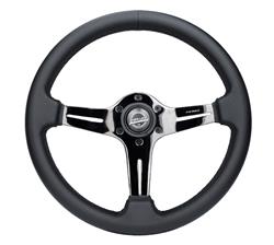 Steering Wheel, Light Weight Simulator, 13 3/4 in. Diameter, 1 in. Dish, 6 Bolt, Black Leather Grip, Black Chrome Spokes, Sold individually