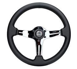 Steering Wheel, Light Weight Simulator, 13 3/4 in. Diameter, 1 in. Dish, 6 Bolt, Black Leather Grip, Chrome Spokes, Sold individually