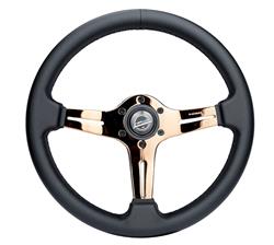 Steering Wheel, Light Weight Simulator, 13 3/4 in. Diameter, 1 in. Dish, 6 Bolt, Black Leather Grip, Rose Gold Spokes, Sold individually