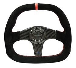 Steering Wheel, Carbon Fiber Flat Bottom, 12 5/8 in. Diameter, 6 Bolt, Black Suede Grip, Carbon Fiber Spokes, Red Center Mark, Sold individually