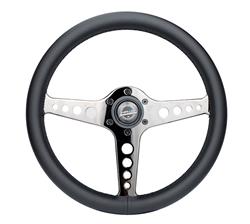 Steering Wheel, Light Weight Simulator, 13 3/4 in. Diameter, 6 Bolt, Black Leather Grip, Black Chrome Spokes, Sold individually