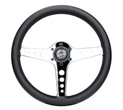 Steering Wheel, Light Weight Simulator, 13 3/4 in. Diameter, 6 Bolt, Black Leather Grip, Chrome Spokes, Sold individually