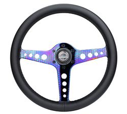 Steering Wheel, Light Weight Simulator, 13 3/4 in. Diameter, 6 Bolt, Black Leather Grip, Neochrome Spokes, Sold individually