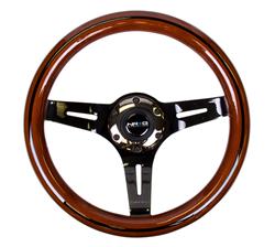 Steering Wheel, Classic Woodgrain, 12 1/4 in. Diameter, 1.5 in. Dish, 6 Bolt, Mahogany with Black Inlay Grip, Black Chrome Spokes, Sold individually