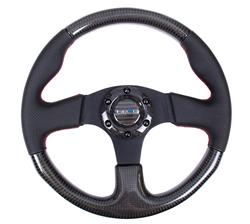 Steering Wheel, Carbon Fiber, 12 3/8 in. Diameter, 6 Bolt, Black Leather/Carbon Fiber Grip, Black Spokes, Red Stitching, Sold individually