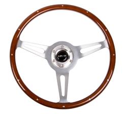 Steering Wheel, Classic Woodgrain, 15 in. Diameter, 1 in. Dish, 6 Bolt, Wood With Metal Inserts Grip, Brushed Aluminum Spokes, Sold individually