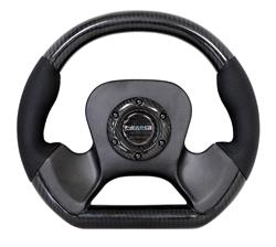 Steering Wheel, Carbon Fiber Flat Bottom, 12 5/8 in. Diameter, 6 Bolt, Black Leather/Carbon Fiber Grip, Carbon Fiber Spokes, Sold individually