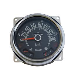 Speedometer, 0-140 KPH, Black Face, Orange Pointer, Polished Bezel, Jeep, Each