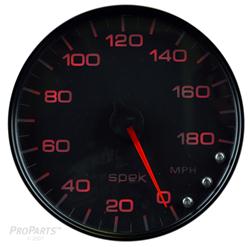Gauges, Spek-Pro Speedometer, Analog, 0-180 mph, 5 in., Black Face, Multicolor Numbers, Black Bezel, Flat Clear Lens, Each