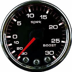 Gauges, Spek-Pro, Boost/Vacuum, 30 in. Hg/30 psi., 2 1/16 in. Diameter, Black Face, Multicolor Numbers, Chrome Bezel, Analog, Electrical, Each