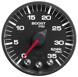 Gauges, Spek-Pro, Boost Pressure, 0-35 psi., 2 1/16 in., Black Face, Multicolor Numbers, Black Bezel, Analog, Electrical, Each