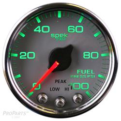 Gauges, Spek-Pro, Fuel Pressure, 0-100 psi, 2 1/16 in., Silver Face, Multicolor Numbers, Chrome Bezel, Analog, Electrical, Each