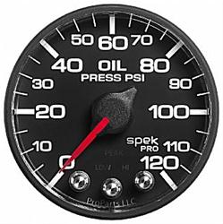 Gauge, Spek-Pro, Oil Pressure, 0-120 psi, 2 1/16 in., Black Face, Analog, Electrical, Each