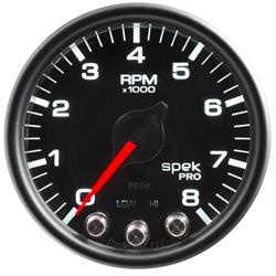 Gauges, Spek-Pro Tachometer, 0-8,000 rpm, 2 1/16 in., Black Face, Multicolor Numbers, Black Bezel, Analog, Flat Clear Lens, Pit Road Software, Each