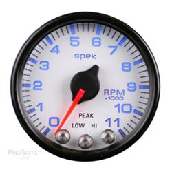 Gauges, Spek-Pro Tachometer, 0-11,000 rpm, 2 1/16 in., White Face, Multicolor Numbers, Black Bezel, Analog, Electrical, Clear Flat Lens, Each