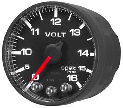 Gauges, Spek-Pro Analog Gauges, Voltmeter, 0-16 V, 2 1/16 in., Black Face, Multicolor Numbers, Black Bezel, Flat, Anti-glare Lens, Electrical, Each