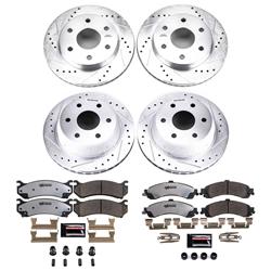 Brake Rotors/Pads, Drilled/Slotted, Iron, Zinc Plated, Front/Rear, Cadillac, Chevy, GMC, Kit