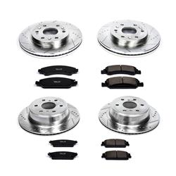 Brake Rotors and Ceramic Pads, 1-Click, Drilled/Slotted, Front/Rear Disc Brakes, Cadillac, Chevy, GMC, Kit