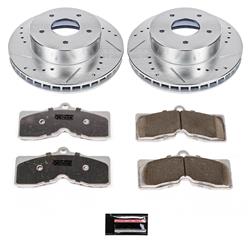 Pads and Rotors, Street Warrior, Cross-Drilled/Slotted Surface, Iron, Zinc Plated, 11.730 in. Diameter, Z26 Carbon Fiber Ceramic Pads, Kit