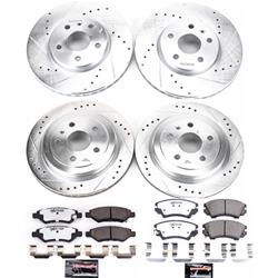 Pads and Rotors, Street Warrior, Cross-Drilled/Slotted Surface, Iron, Zinc Plated, 12.640 in./12.400 in. Diameter, Z26 Carbon Fiber Ceramic Pads, Kit