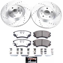 Pads and Rotors, Street Warrior, Cross-Drilled/Slotted Surface, Iron, Zinc Plated, 13.580 in. Diameter, Z26 Carbon Fiber Ceramic Pads, Kit