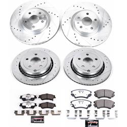 Pads and Rotors, Street Warrior, Cross-Drilled/Slotted Surface, Iron, Zinc Plated, 13.580 in./12.760 in. Diameter, Z26 Carbon Fiber Ceramic Pads, Kit