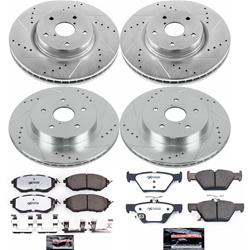 Pads and Rotors, Street Warrior, Cross-Drilled/Slotted Surface, Iron, Zinc Plated, 12.400 in./11.810 in. Diameter, Z26 Carbon Fiber Ceramic Pads, Kit