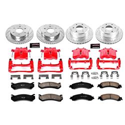Performance Disc Brakes, Front/Rear, Drilled/Slotted Rotors, Red Calipers, Cadillac, Chevy, GMC, Kit