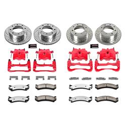 Brake Rotors, Pads, Red Calipers, Drilled/Slotted Rotors, Truck/Tow Pads, Front/Rear, Chevy, GMC, Kit