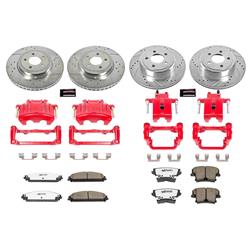 Brake Rotors, Pads, Red Calipers, Drilled/Slotted Rotors, Z-26 Pads, Front/Rear, Chrysler, Dodge, Kit