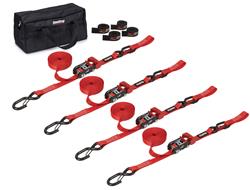 Tie-Down Straps, SpeedStrap, Motorcyle/ATV, Four 15 ft. Tie-Downs with Soft Ties, Ratchet, S-Hook, Red, Four SpeedWraps, Storage Bag, Kit