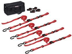 Tie-Down Straps, SpeedStrap, Motorcyle, Four 10 ft. Tie-Downs with Soft Ties, Cam-Lock, S-Hook, Red, Four SpeedWraps, Storage Bag, Kit