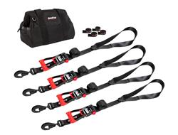 Tie-Down Straps, SpeedStrap, Through-the-Wheel, Four 12 ft. Tie-Downs, D-Ring, Ratchet, Twisted Snap Hook, Black, Four SpeedWraps, Storage Bag, Kit