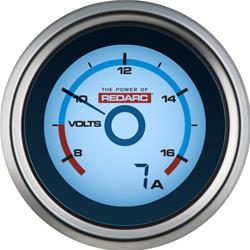 Voltage Gauge, Single Voltage Reading, 2-1/16 in., 8-16 V, Blue Face, Black Numbers, Each