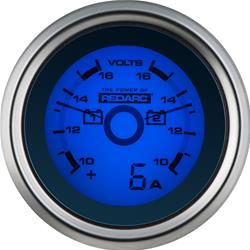 Voltage Gauge, Dual Voltage Reading, 2-1/16 in., 8-16 V, Blue Face, Black Numbers, Each