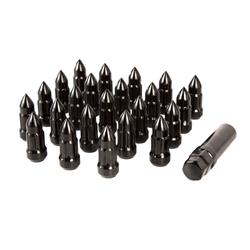 Lug Nuts: bullet shaped, black, 23pc, w/adapter, 50mm long, 1/2"x20 thread, Jeep: 84-17 YJ,TJ,JK,ZJ,WK,XJ,KK
