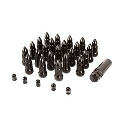 Lug Nuts: 23 Bullet style lugs w/adpr & 5 valve caps, blk,1/2"x20 thread, Jeep: 84-17 YJ,TJ,JK,ZJ,WK,XJ,KK