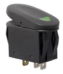 Switch, Rocker, Constant, Single Throw, 20 amps, Green Lighted, Plastic, Black, Each