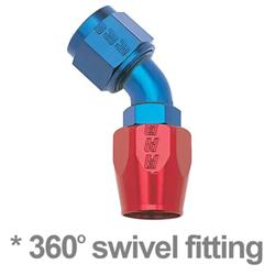 Hose End, Full Flow, 45 Degree, -6 AN Hose to Female -6 AN, 360 Degree Swivel, Aluminum, Red/Blue, Each