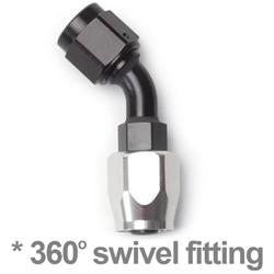 Fitting, Hose End, Full Flow, 45 Degree, -8 AN Hose to Female -8 AN, 360 Degree Swivel, Aluminum, Black/Silver, Each